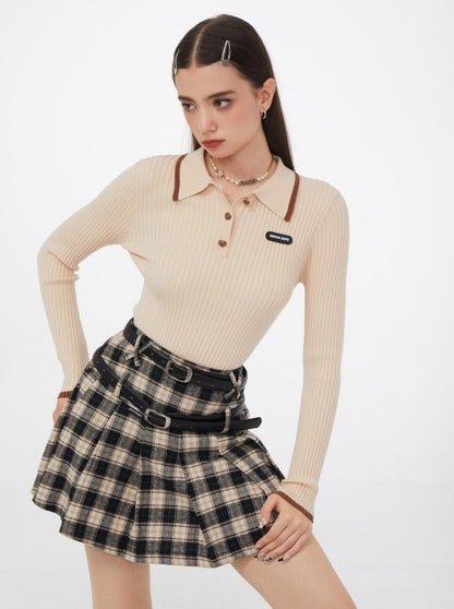 Slim American Retro Polo Collar Ribbed Top