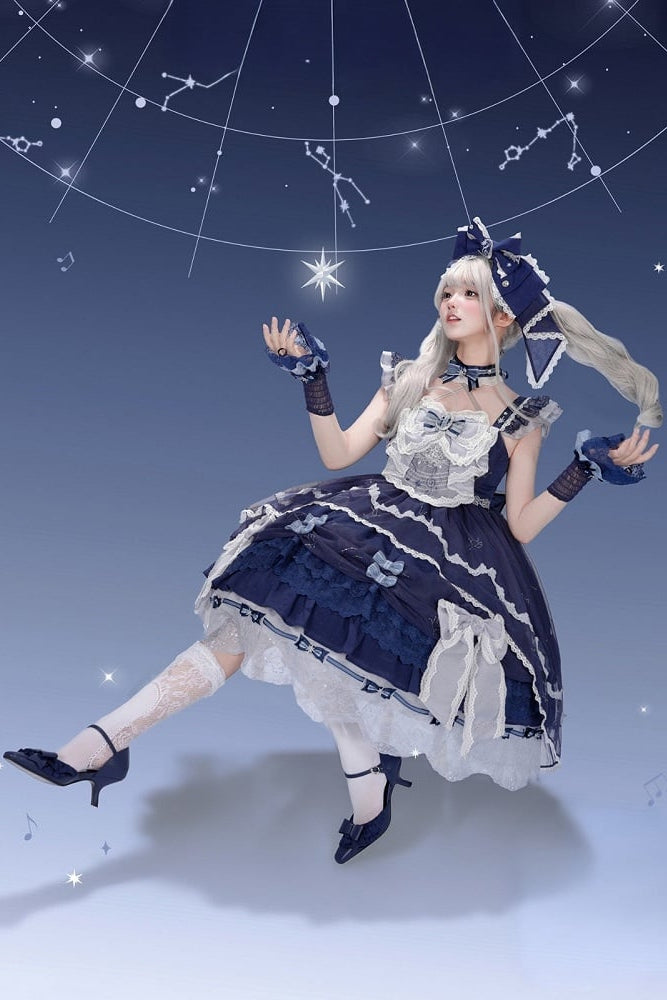 [Clôture des précommandes le 923] Robe JSK classique lolita bleu clair/bleu foncé à broderies d’étoiles célestes, rubans et jupe à volants asymétrique