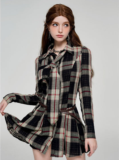 Spicy Red Check Neckline Pleated Contrast Dress