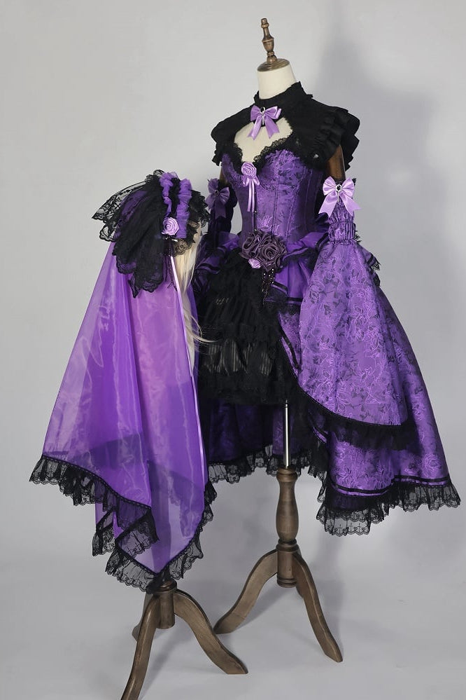 [Date limite de réservation 8 janvier] Set Complet avec Accessoires de Robe Bustier Jacquard Gothic Sombre à Longue Traîne