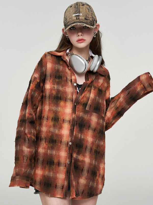 レトロオレンジチェックルーズシャツ