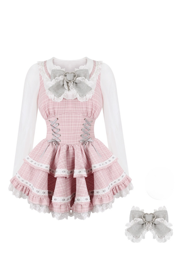 Faux two-piece dress with ribbon + white bubble pants