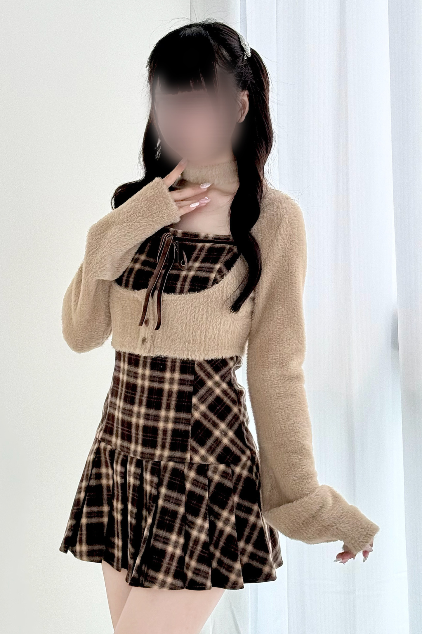 チェックフレアドレス+ショートカーディガン