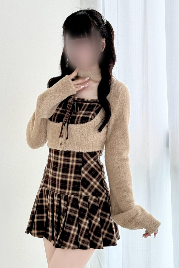 チェックフレアドレス+ショートカーディガン