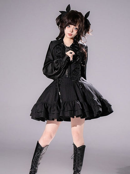 【12月29日予約締切】ゴシックロリータダークカラーストライプバッククロスフリルサスドレス