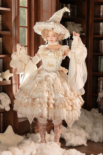 [Cierre de reserva el 14 de septiembre] Conjunto completo Elegant White Gold Witch: vestido JSK cruz + cola con lazo grande + capa con capucha + mangas desmontables + sombrero de bruja + mangas exteriores