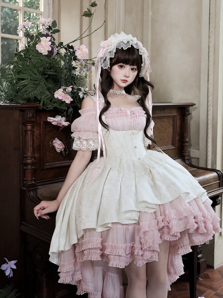 【4月28日予約締切】ピンク×ホワイトエレガントゴシックロリータコルセットレイヤードJSKドレス＋オフショルダーレースパフトップス