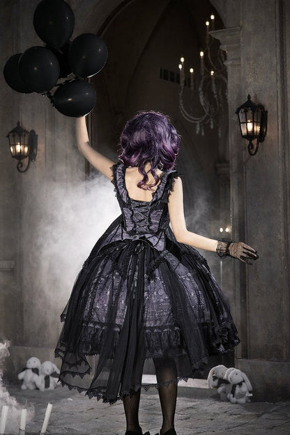 【10月30日予約締切】Purple Black Gothic Lolita Witch Print Frill Bustier Dress