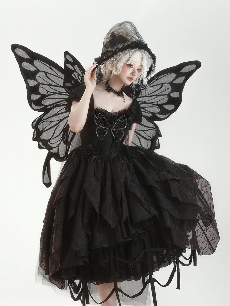 【10月28日予約締切】Black Butterfly Gothic Lolita Puff Sleeve Dress Top + Layered Ruffle Asymmetrical Hem Skirt Set (With Chest Brooch + Waist Brooch)