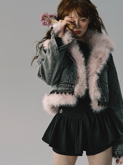 Washed Denim Light Pink Fur Contrast Collar Short Jacket