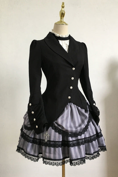 Striped gothic skirt + asymmetrical fitted jacket + jumper skirt