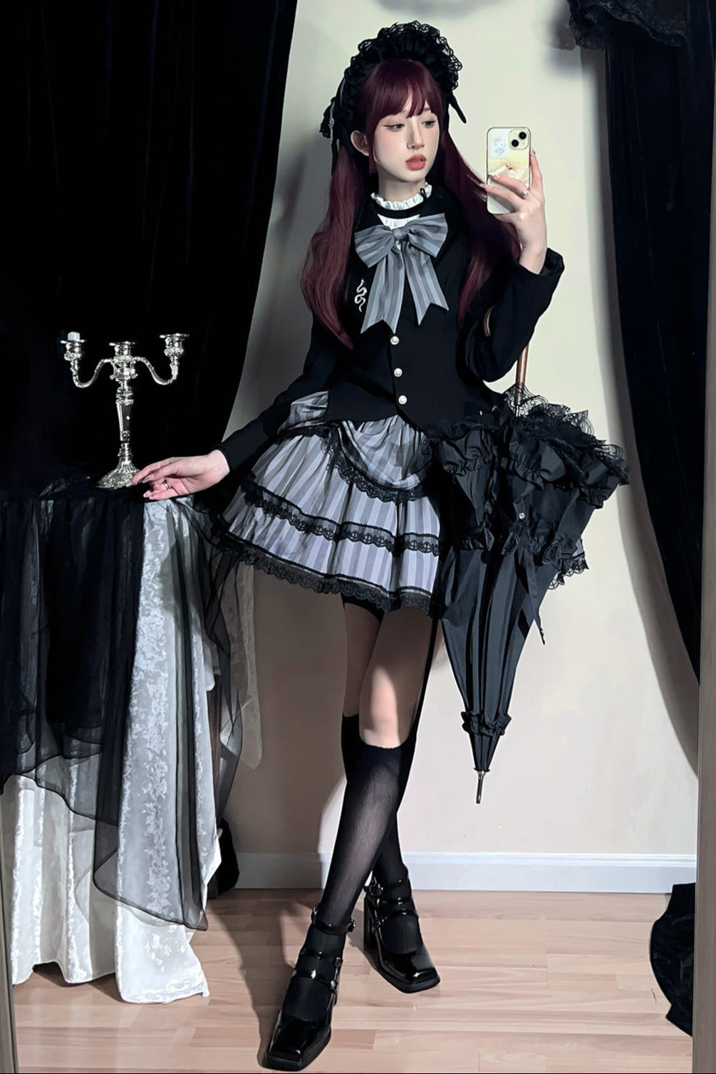 Striped gothic skirt + asymmetrical fitted jacket + jumper skirt