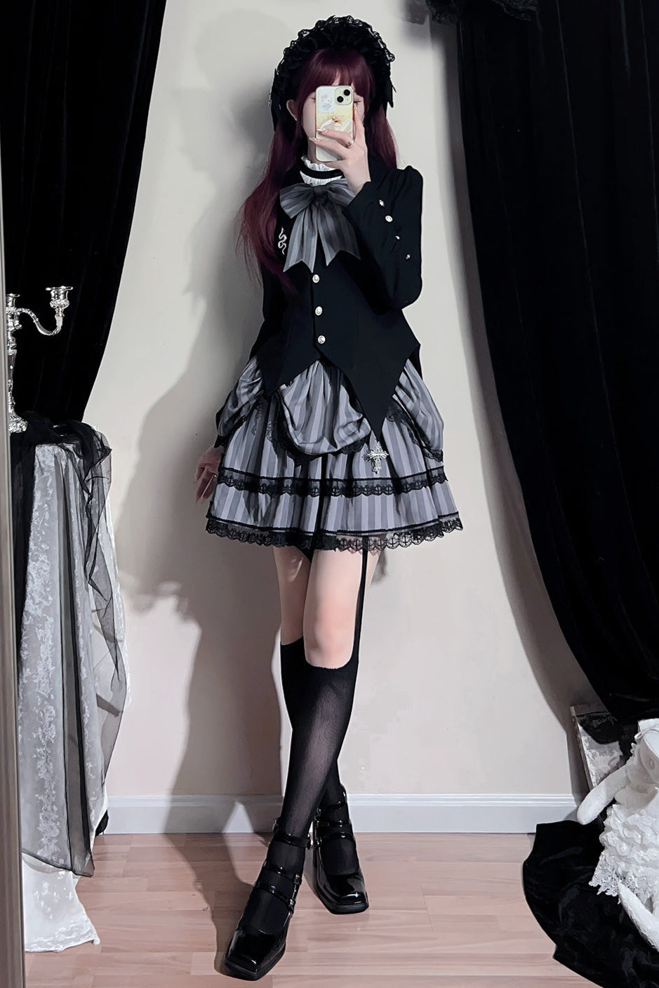 Striped gothic skirt + asymmetrical fitted jacket + jumper skirt