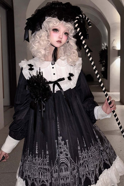 【10月13日予約締切】Gothic Lolita Black White Cathedral Series Accessories(Flat Hat, Crown Mini Hat, Sash, Back Ribbon Train, Waist Apron, Castle Flower Brooch, Brooch, Jabot)