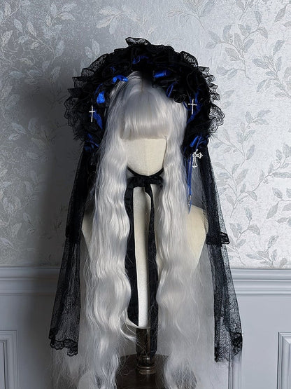 Black Mist Banquet Gothic Cross Rose Bonnet + Veil + Brooch