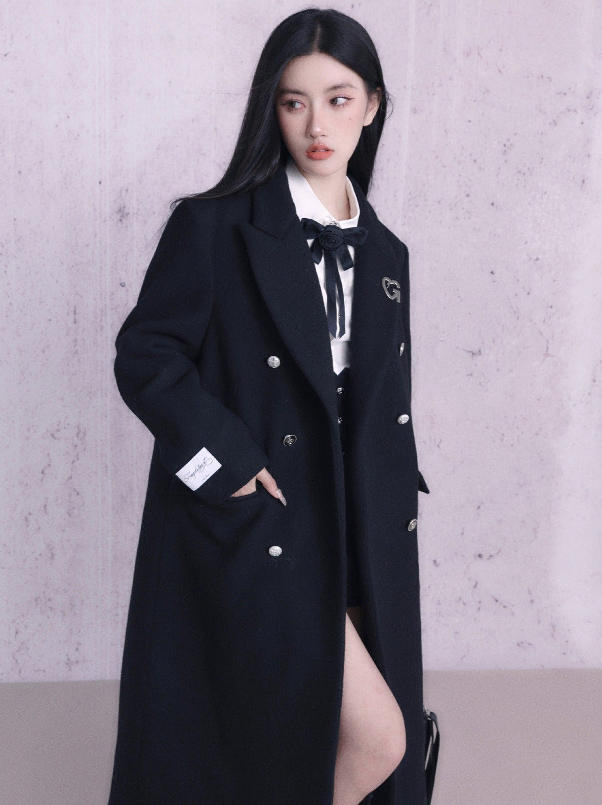 Korean college style wool double breasted long coat