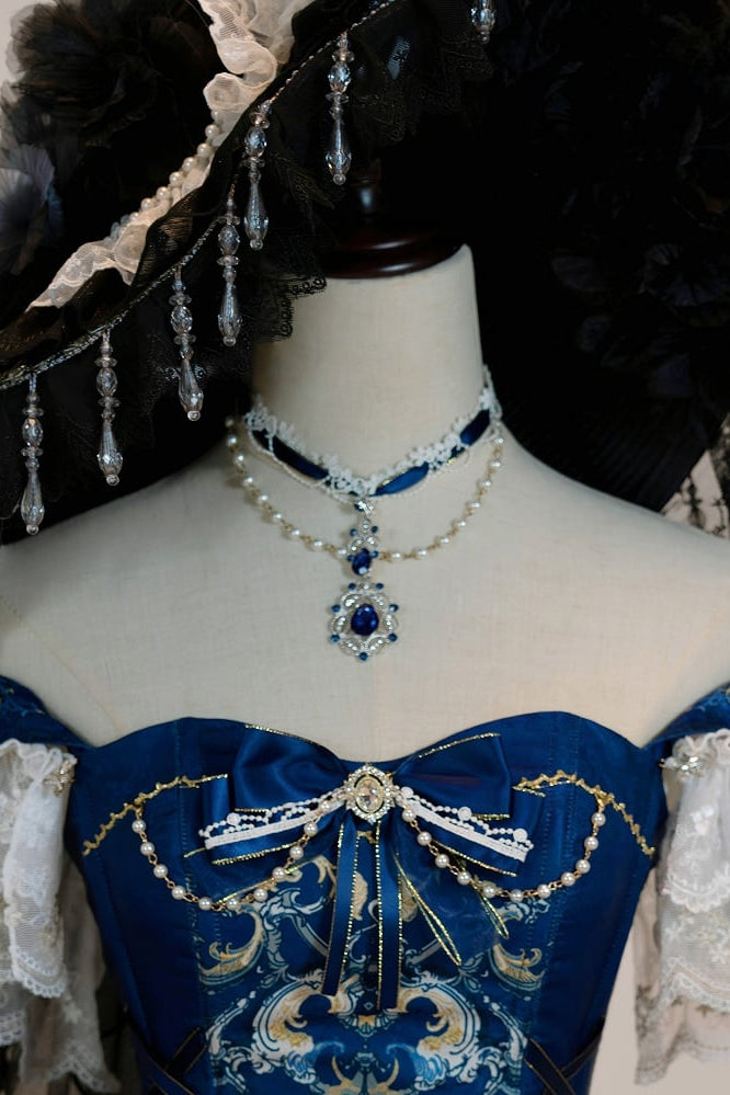 【5月3日予約締切】ダークブルーホワイトコルセットレースリボンロリータJKSプリンセスドレス＋コンプリートセット