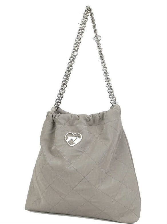 Cool Metal Diamond Stitch Leather Chain Tote Bag
