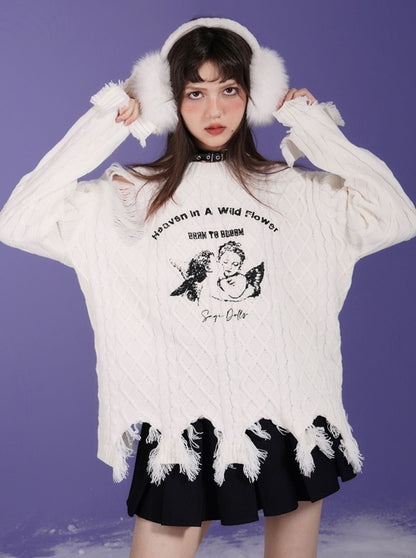 Sweet Cool Milk White Angel Print Damaged Knit