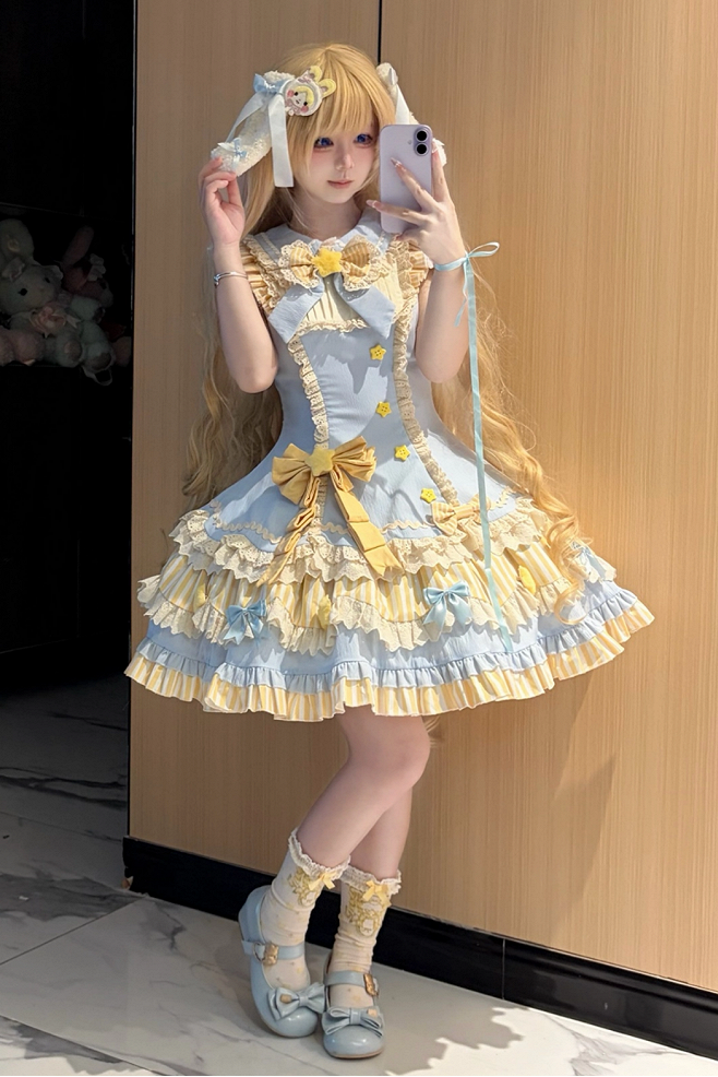[Reservierungsschluss 22. Juni] Süßes Lolita-Stufenkleid in Pastell und Schwarz mit Sternen und Schleifen