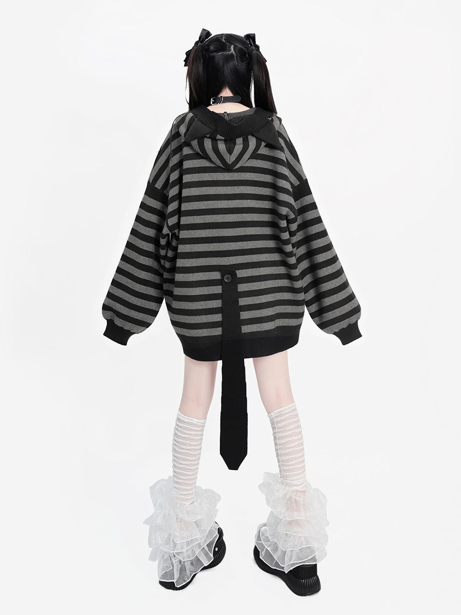 Striped Hooded Over Cat Cardigan