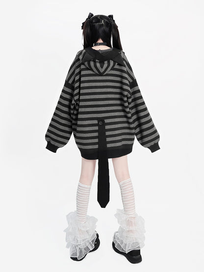 Striped Hooded Over Cat Cardigan