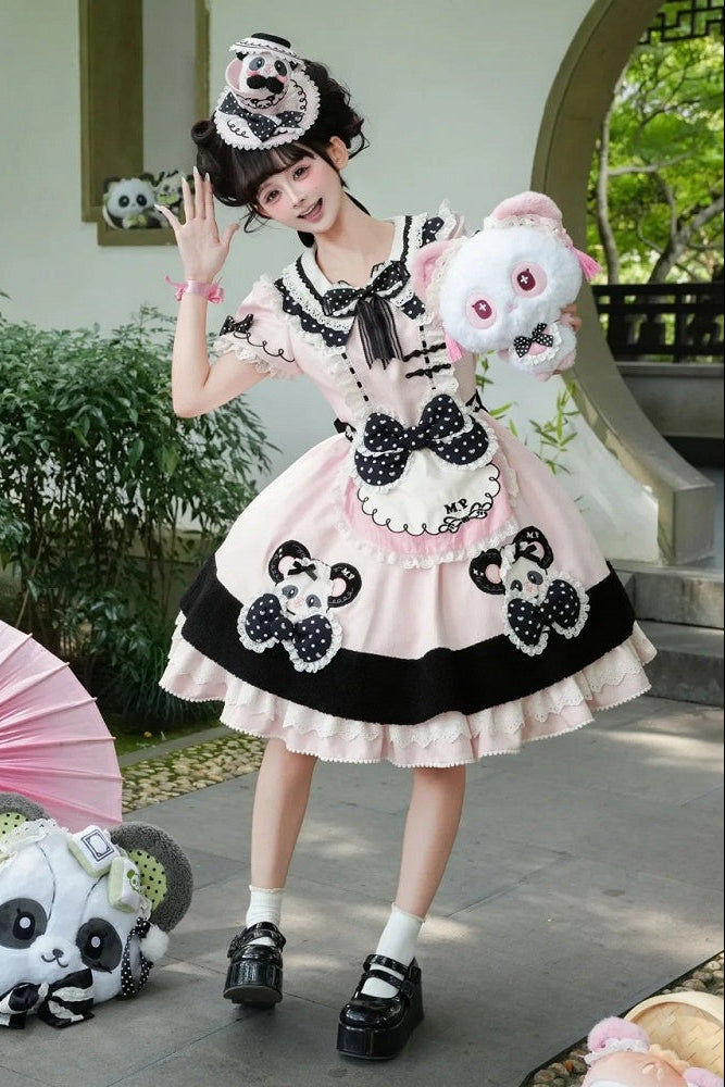 [Pre-order Deadline: October 25] Pink/Green Chinoiserie Lolita Sweet Panda Appliqué Puff Sleeve Polka Dot Bow Apron Dress