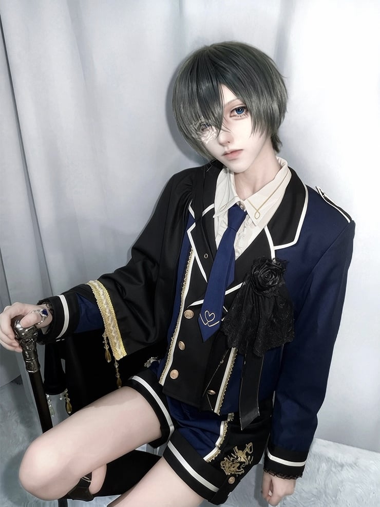 【6月28日予約締切】レッドブラック/ブルーブラックダークプリンスロリータジャケット＋ショートパンツ＋ネクタイ＋ウエストバッグ付きベルト