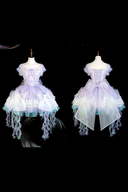 [Reservierungsschluss 1. August] Blau/Weiß/Lila Quallen-Feen-Lolita-Kleid mit Schleifen und Aurora-Schleppe