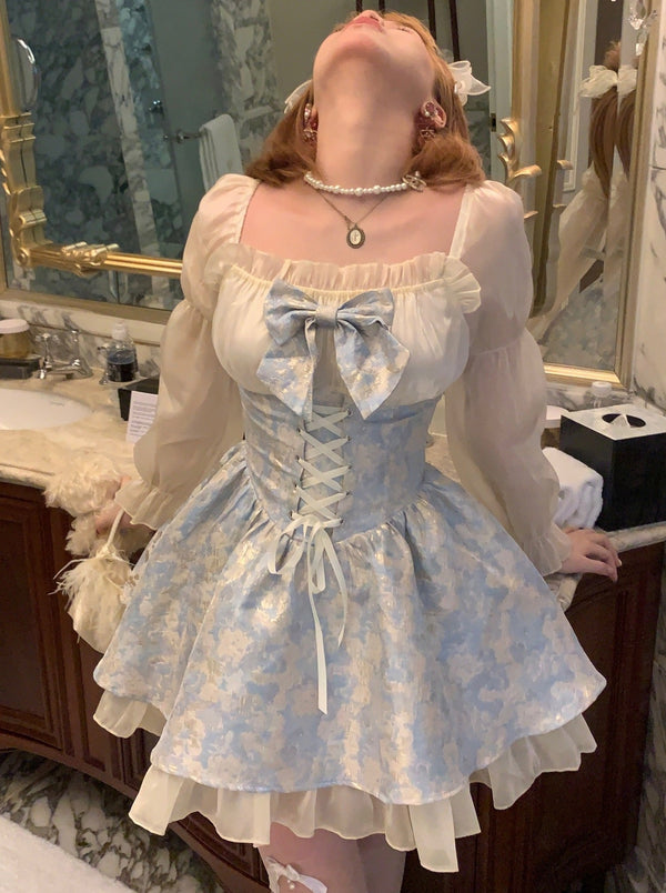 Blue French Sweet Girl Lace-Up Dress