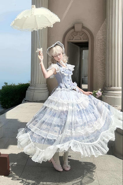 [Reservierungsschluss 3. August] Snow on the Seine River elegantes Lolita-Set mit Schleifen-Rüschen-Korsett-Bustier+langem Rock mit Kunstdruck+langem Tüll-Überrock