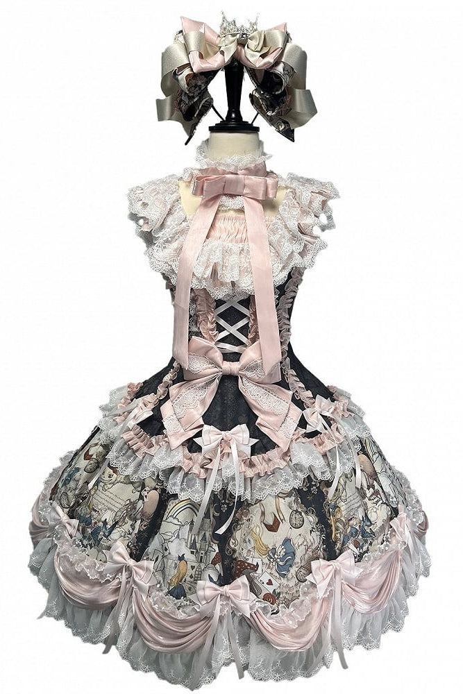 [Pre-order Deadline: September 28] Navy/Off-White Alice Classical Lolita Print Playing Card Frill Ribbon Dress + KC Set + Bunny Ear Hat Set