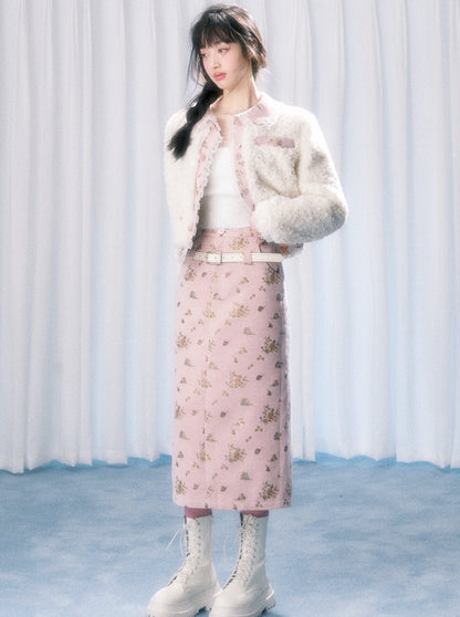 Small Fragrance Sweet Flower Fur Jacket + Tight Mini Skirt + Tight Long Skirt