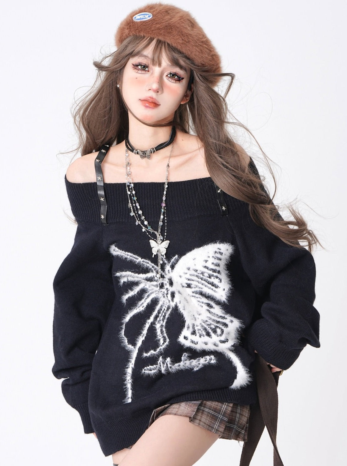 Off-the-shoulder Butterfly Dark Fur Tops