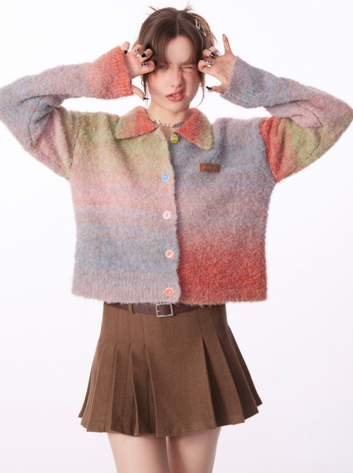 Gradient Polo Collar Soft Wax Wool Retro Cardigan