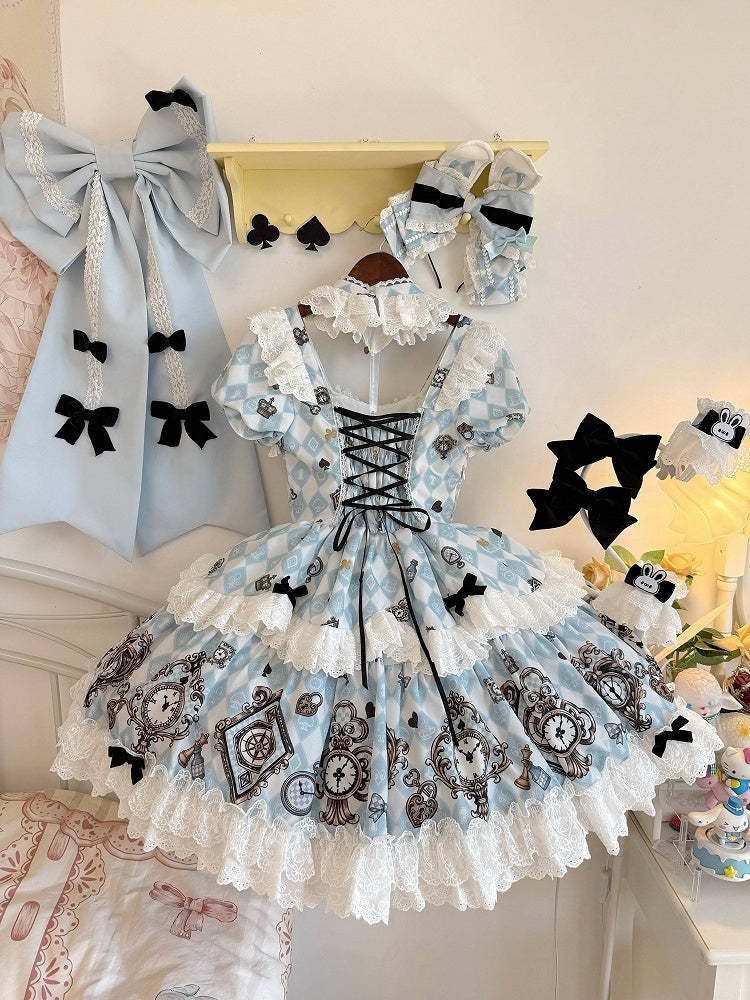 [Reservierungsschluss 30. Juni] Blau-weißes Alice-im-Wunderland Sweet-Lolita-Schleifen-Schürzen-OP-Kleid + Komplettset 1/2