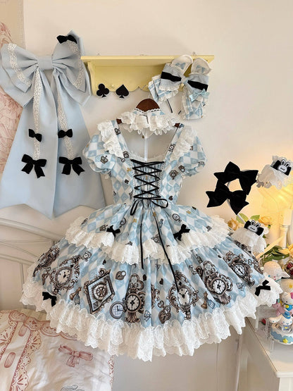 [Reservierungsschluss 30. Juni] Blau-weißes Alice-im-Wunderland Sweet-Lolita-Schleifen-Schürzen-OP-Kleid + Komplettset 1/2