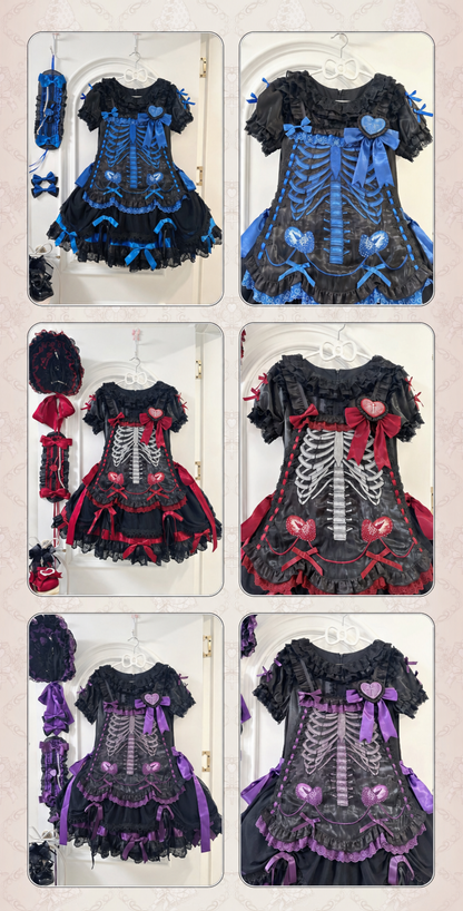 【11月4日予約締切】Blue-Black/Red-Black/Purple-Black Gothic Lolita Puff-Sleeve Lace Bow Doll Dress With Bone Embroidery Apron