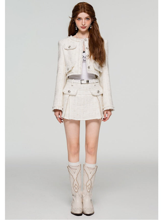 White Fragrance Celebrity Tweed Short Jacket + Skirt