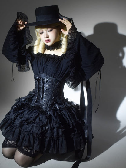 【1月29日予約締切】ブラックホワイトゴシックジャカードレースアップコルセット＋ドロストフリルスカート