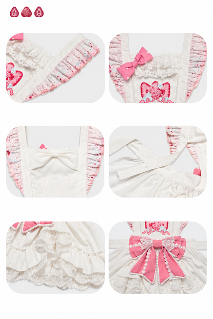【10月21日予約締切】Pink/Blue Hanfu-inspired Little Lamb Tea Party Lace Wide Sleeve Blouse + Printed Ruffle Skirt + Pleated Mamian Skirt + Strawberry Embroidered Ribbon Lace Apron