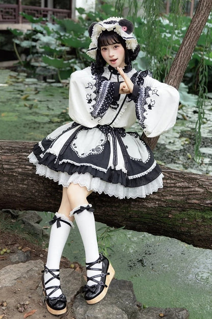 [Pre-order Deadline: October 25] Pink/White/Green Chinoiserie Lolita Sweet Panda Polka Dot Lace Apron Ruffle OP Dress