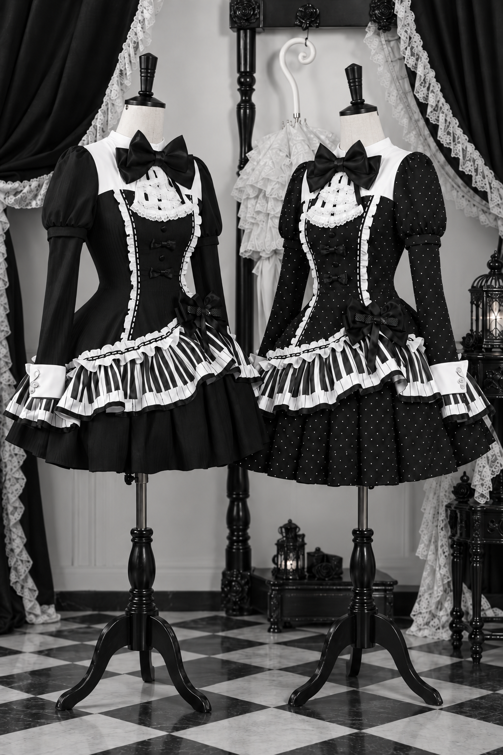 [Reservierungsschluss 22. Oktober] Schwarz gepunktetes Gothic-Lolita-Rüschenkleid mit asymmetrischem Design, Klaviertasten- und Musiknotenmotiv sowie Klaviertasten-Spitzenfliege