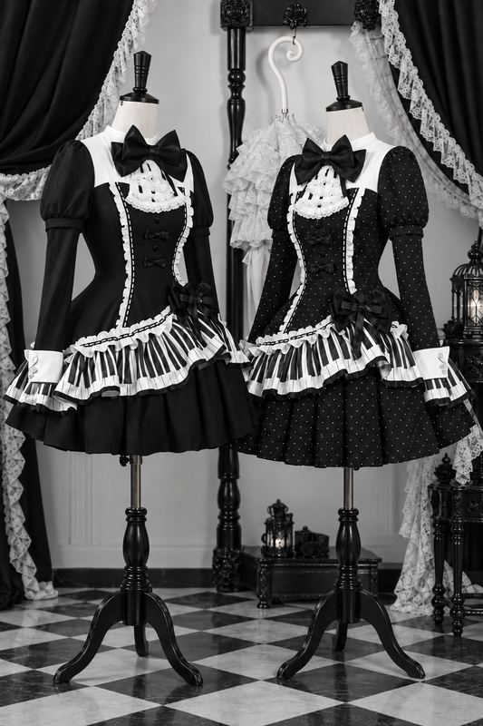 【10月22日予約締切】Polka Dot/Black Gothic Lolita Asymmetrical Design Piano Key and Musical Note Ruffle Dress with Piano Key Lace Bow Tie