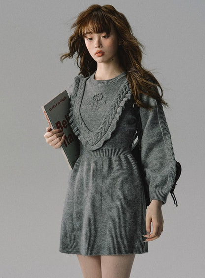 Lantern Sleeve Ruffle Flower Knit Dress