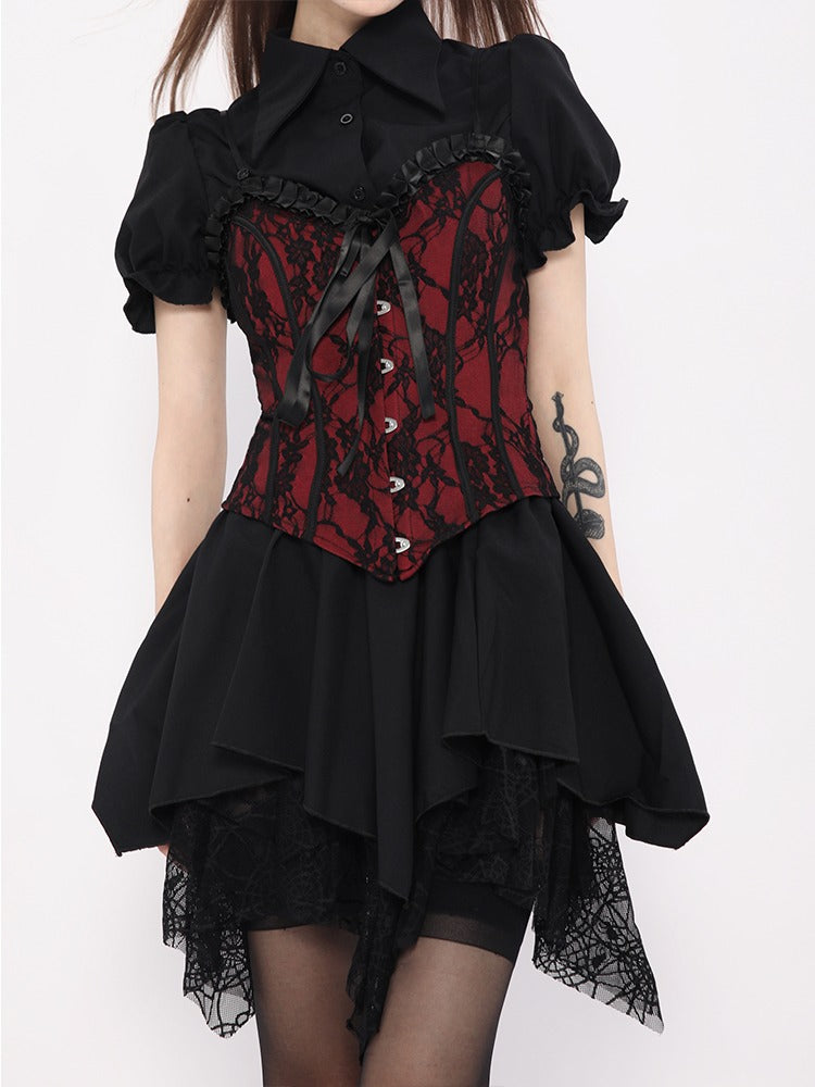 Sweet Cool Coat Style Puff Sleeve Shirt + Red Lace Vest + Spider Nest Race Open Skirt