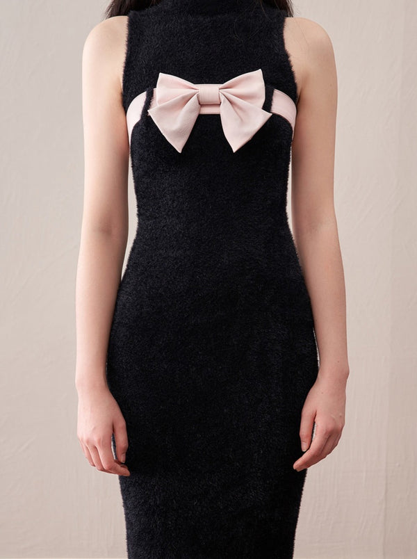 ブラックニットリボンミンクノースリーブワンピース