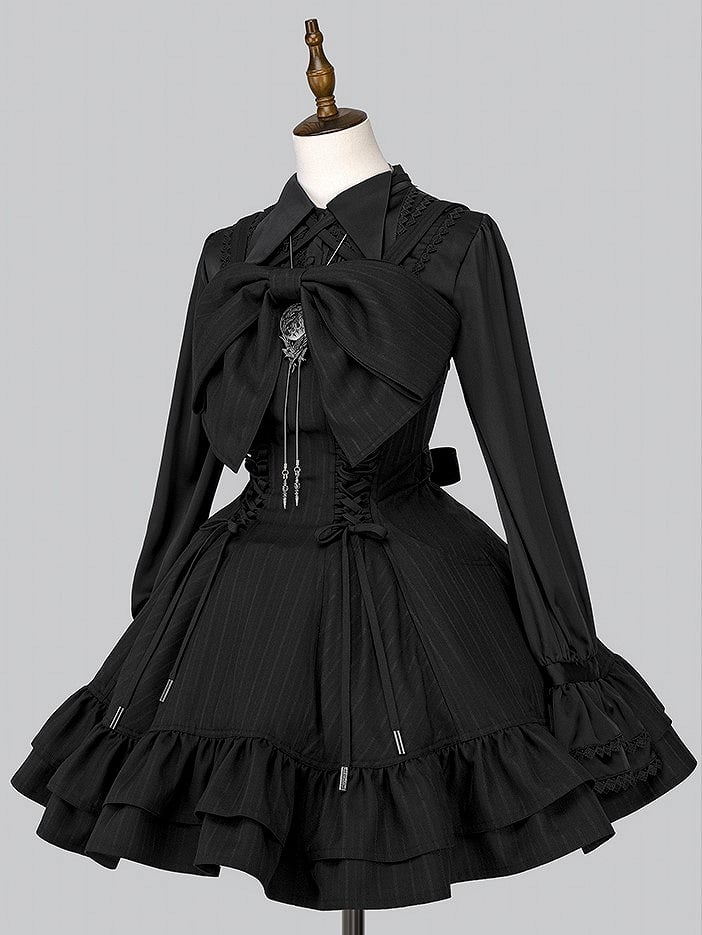 【12月26日予約締切】ゴシックロリータダークカラーストライプリボンサスドレス