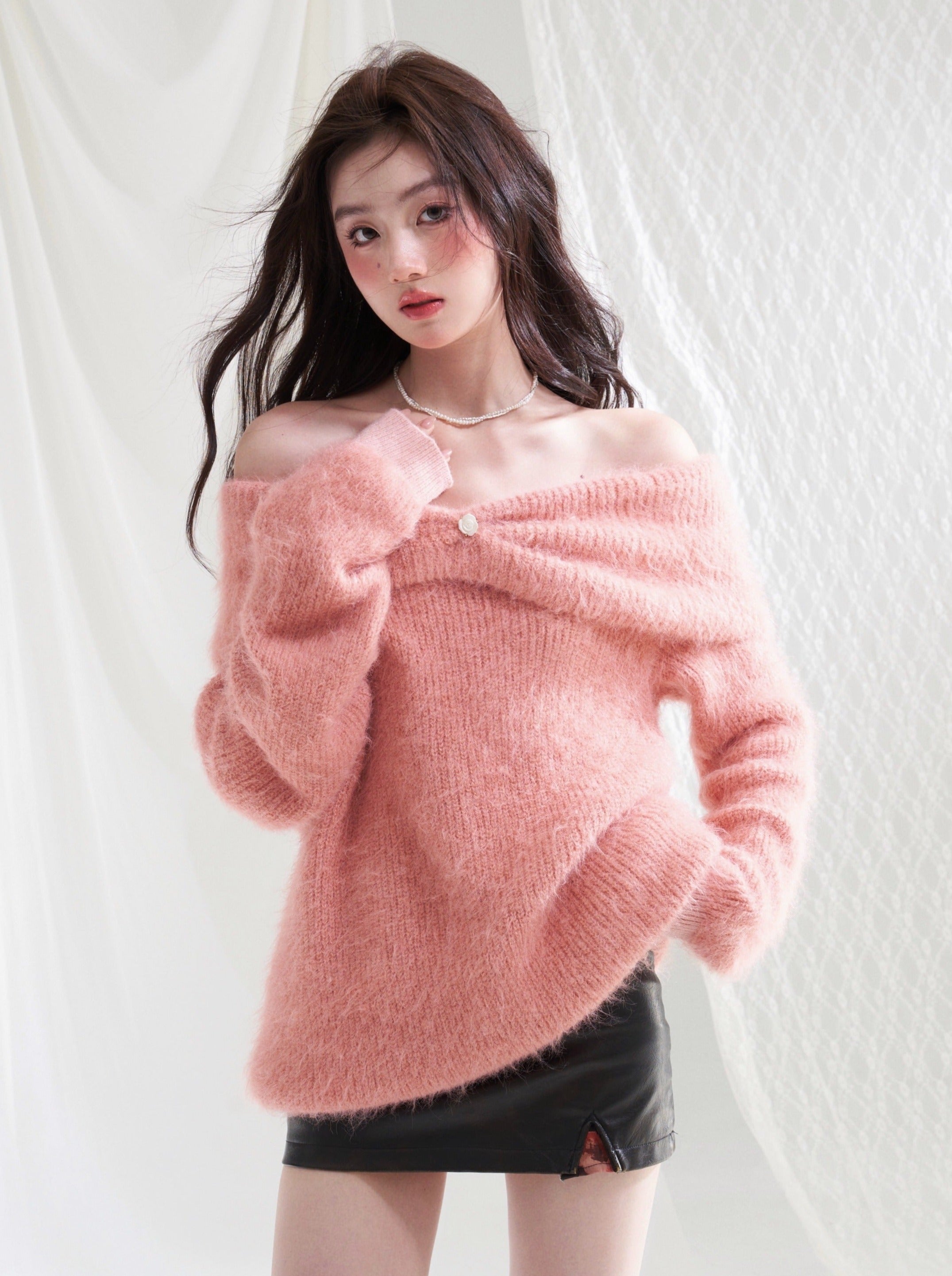 Off-Shoulder Lazy Loose Mohair Knit – Belchic