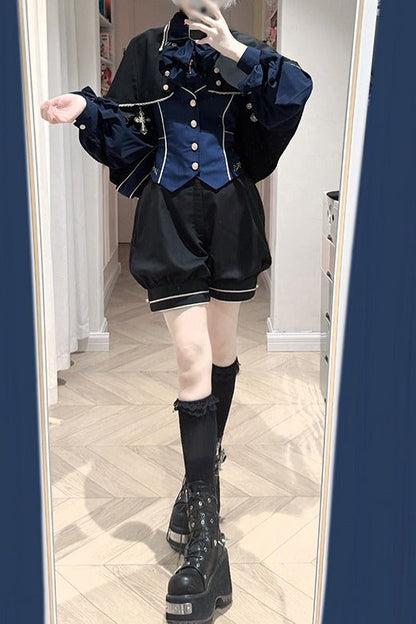 [Date limite de réservation : 13 septembre] Ensemble élégant prince bleu foncé/blanc en quatre pièces [chemise à volants, gilet, short, 4 rubans]
